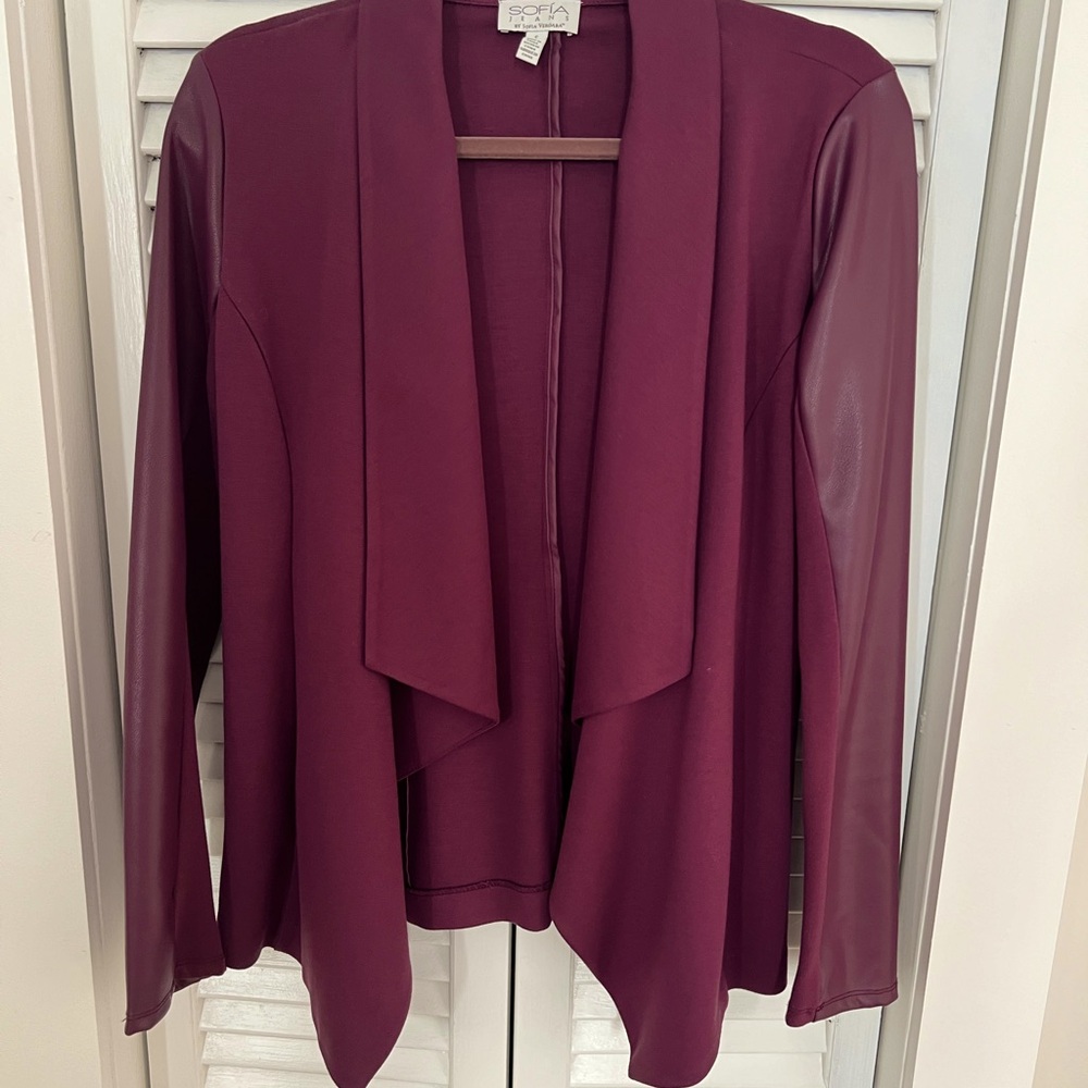 Sofia Jeans by Sofia Vergara Burgundy Drape Front Jacket S Faux LeatherSleeves